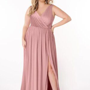 Azazie Tanicia Stretch Dusty Rose A-Line V-Neck Pleated Mesh Dress